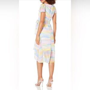 DKNY Womens Pastel Rainbow Stripe Wrap Midi Dress Short Sleeve Size 14
